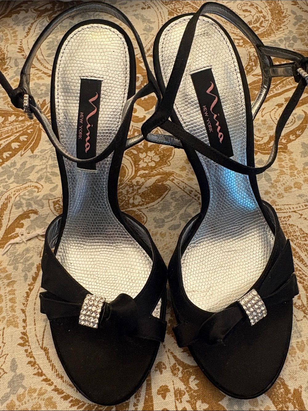 ANNA New York Black Satin Heels with Rhinestone Bow